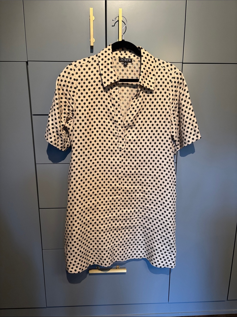 J. Crew Cream and Black Polka Dot Short Sleeve Collared Dress